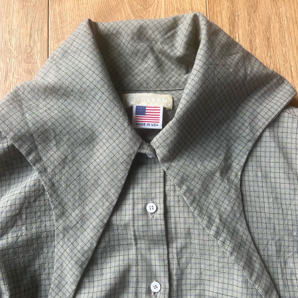 Carleen bandana neck wool/cotton sage green check button down, size M